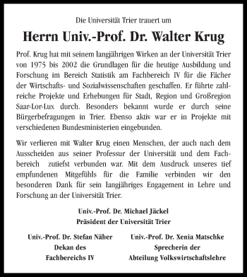 Todesanzeige von Walter Krug von trierischer_volksfreund