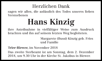 Todesanzeige von Hans Kinzig von trierischer_volksfreund