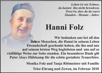 Todesanzeige von Hanni Folz von trierischer_volksfreund