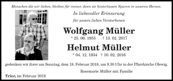 Todesanzeige von Wolfgang und Helmut Müller von trierischer_volksfreund