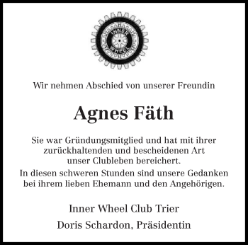 Todesanzeige von Agnes Fäth von trierischer_volksfreund