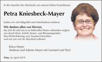 Todesanzeige von Petra Kniesbeck-Mayer von trierischer_volksfreund