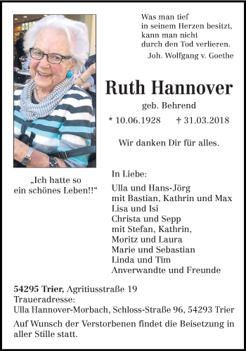 Todesanzeige von Ruth Hannover von trierischer_volksfreund