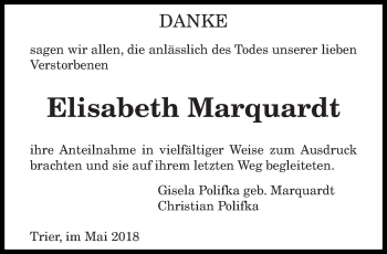 Todesanzeige von Elisabeth Marquardt von trierischer_volksfreund