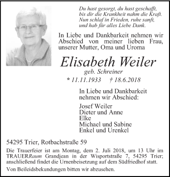 Todesanzeige von Elisabeth Weiler von trierischer_volksfreund