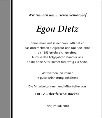 Todesanzeige von Egon Dietz von trierischer_volksfreund