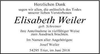 Todesanzeige von Elisabeth Weiler von trierischer_volksfreund