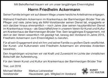 Todesanzeige von Friedhelm Ackermann von trierischer_volksfreund