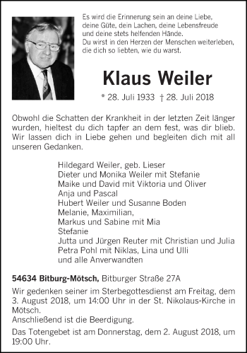 Todesanzeige von Klaus Weiler von trierischer_volksfreund