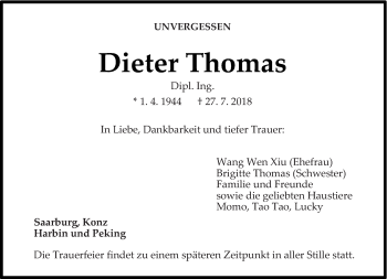 Todesanzeige von Dieter Thomas von trierischer_volksfreund