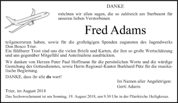 Todesanzeige von Fred Adams von trierischer_volksfreund