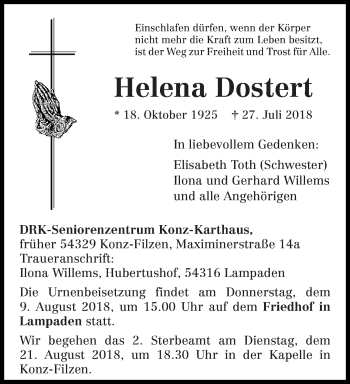 Todesanzeige von Helena Dostert von trierischer_volksfreund
