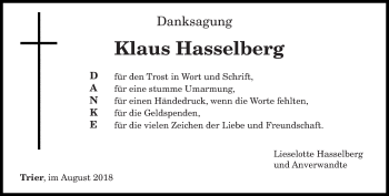 Todesanzeige von Klaus Hasselberg von trierischer_volksfreund