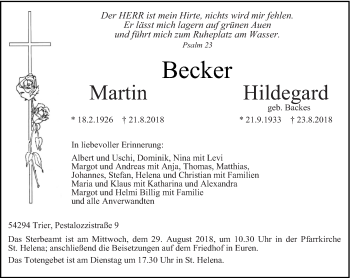 Todesanzeige von Martin und Hildegard Becker von trierischer_volksfreund