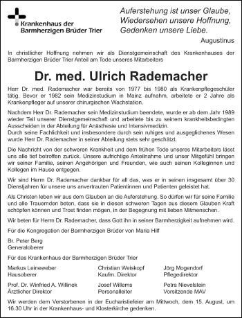 Todesanzeige von Ulrich Rademacher von trierischer_volksfreund