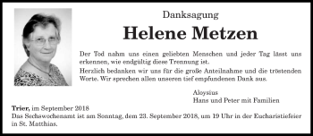 Todesanzeige von Helene Metzen von trierischer_volksfreund