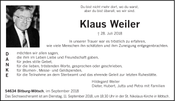 Todesanzeige von Klaus Weiler von trierischer_volksfreund