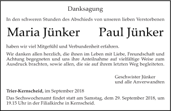 Todesanzeige von Maria und Paul Jünker von trierischer_volksfreund