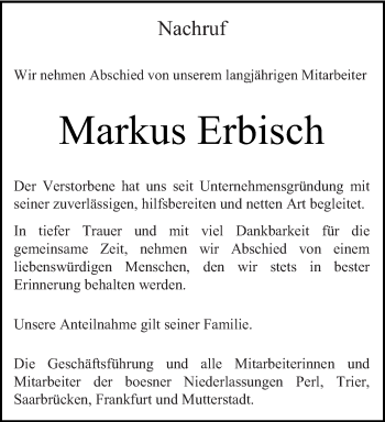 Todesanzeige von Markus Erbfisch von trierischer_volksfreund