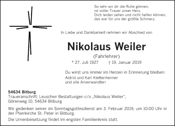 Todesanzeige von Nikolaus Weiler von trierischer_volksfreund