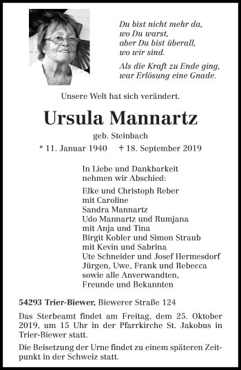 Todesanzeige von Ursula Mannartz von trierischer_volksfreund