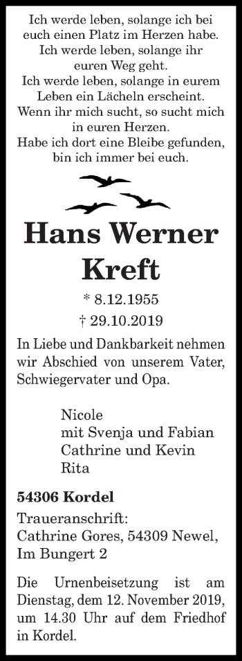 Todesanzeige von Hans Werner Kreft von trierischer_volksfreund