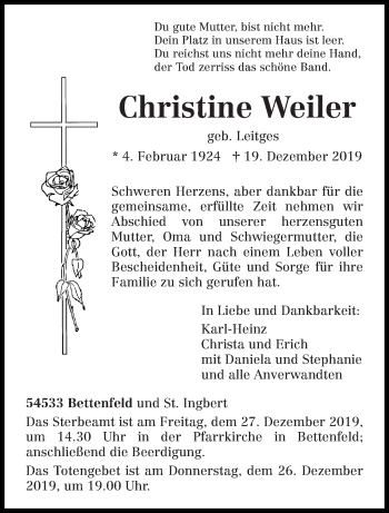 Todesanzeige von Christine Weiler von trierischer_volksfreund