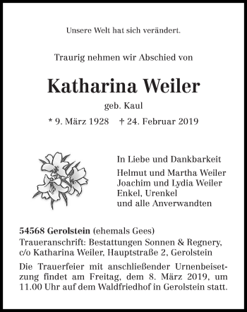 Todesanzeige von Katharina Weiler von trierischer_volksfreund