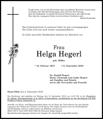 Todesanzeige von Helga Hegerl von trierischer_volksfreund