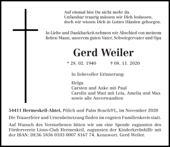 Todesanzeige von Gerd Weiler von trierischer_volksfreund