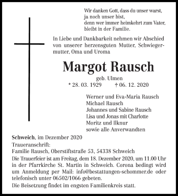 Todesanzeige von Margot Rausch von trierischer_volksfreund