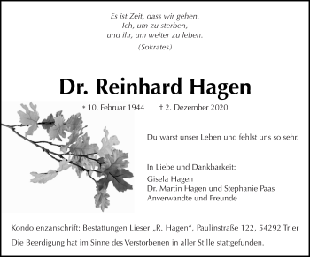 Todesanzeige von Reinhard Hagen von trierischer_volksfreund