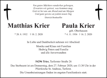 Todesanzeige von Matthias und Paula Krier von trierischer_volksfreund