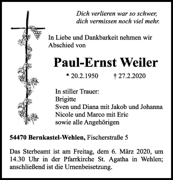 Todesanzeige von Paul-Ernst Weiler von trierischer_volksfreund