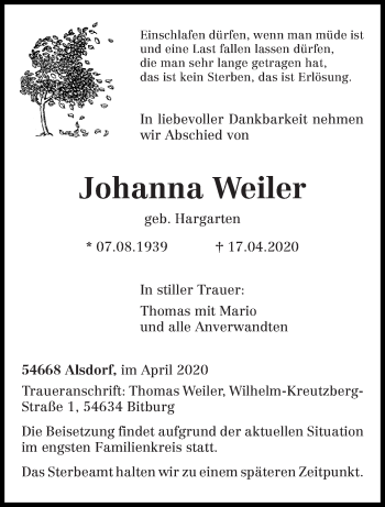 Todesanzeige von Johanna Weiler von trierischer_volksfreund