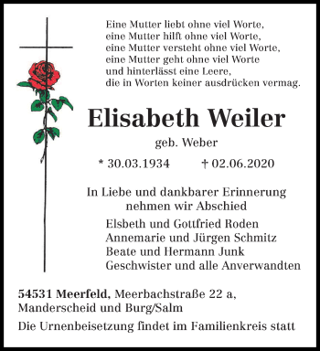 Todesanzeige von Elisabeth Weiler von trierischer_volksfreund