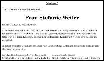 Todesanzeige von Stefanie Weiler von trierischer_volksfreund