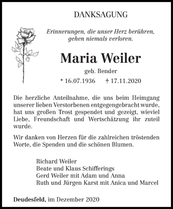 Todesanzeige von Maria Weiler von trierischer_volksfreund