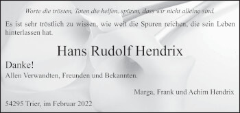 Todesanzeige von Hans Rudolf Hendrix von trierischer_volksfreund