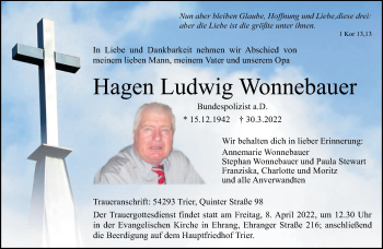 Todesanzeige von Hagen Ludwig Wonnebauer von trierischer_volksfreund