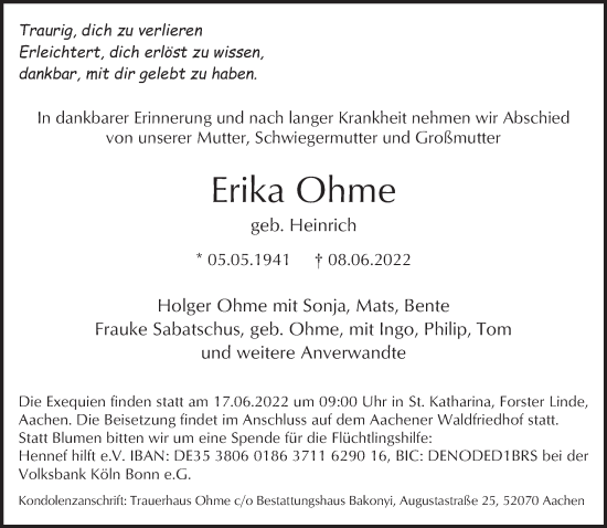 Todesanzeige von Erika Ohme von trierischer_volksfreund