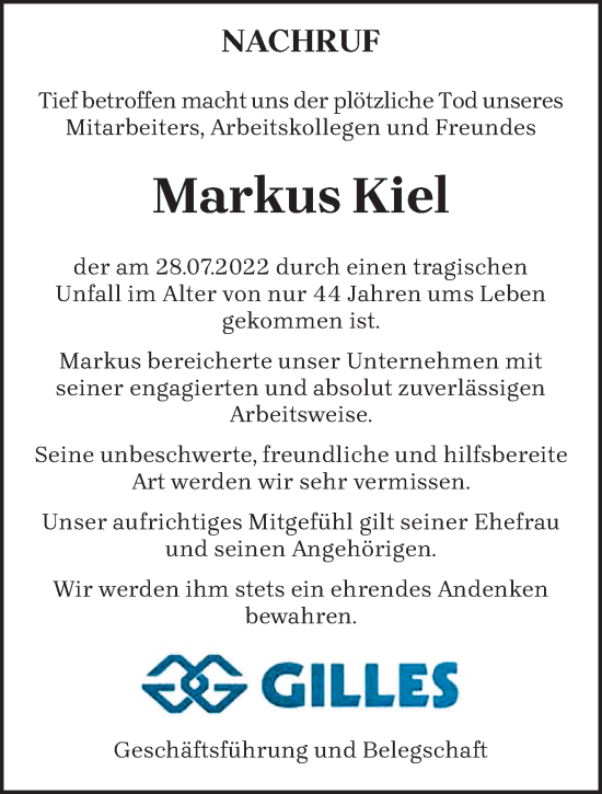 Todesanzeige von Markus Kiel von trierischer_volksfreund
