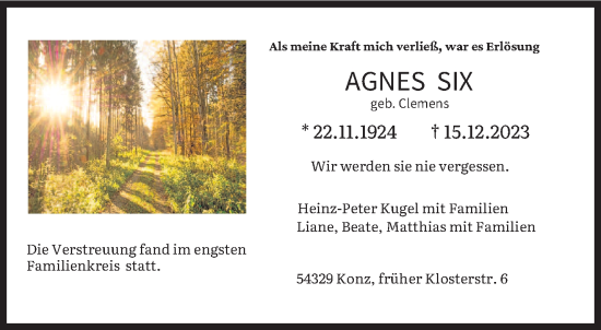 Todesanzeige von Agnes Six von trierischer_volksfreund