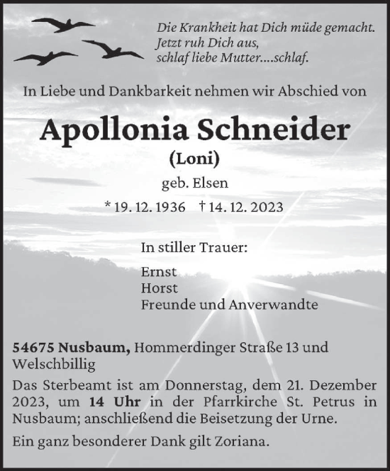 Todesanzeige von Apollonia Schneider von trierischer_volksfreund