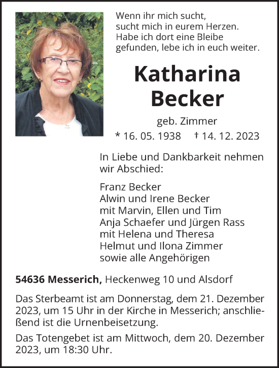 Todesanzeige von Katharina Becker von trierischer_volksfreund