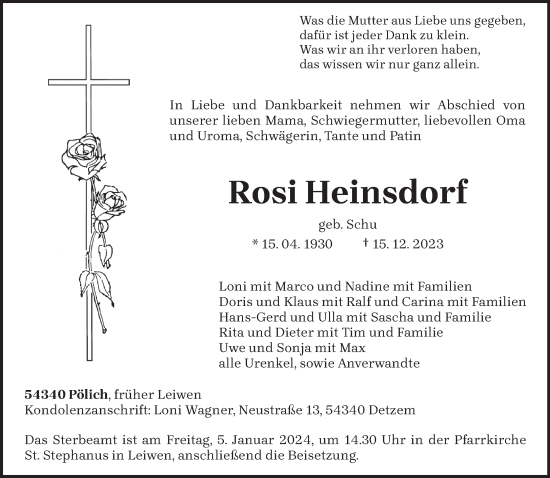 Todesanzeige von Rosi Heinsdorf von trierischer_volksfreund