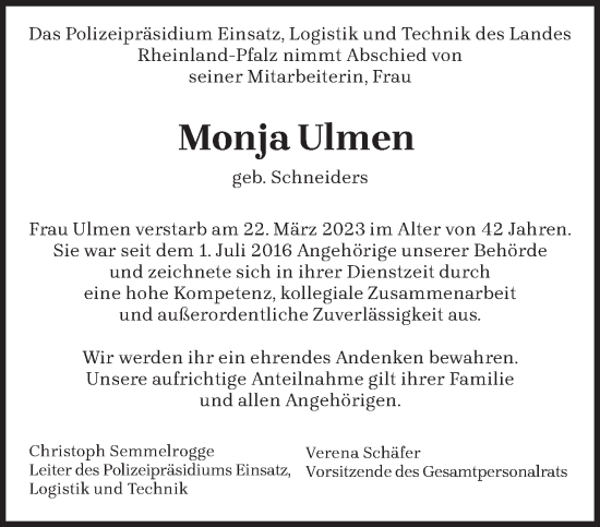 Todesanzeige von Monja Ulmen von trierischer_volksfreund