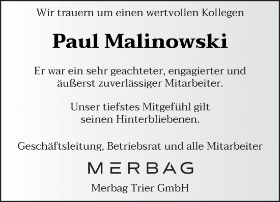 Todesanzeige von Paul Malinowski von trierischer_volksfreund