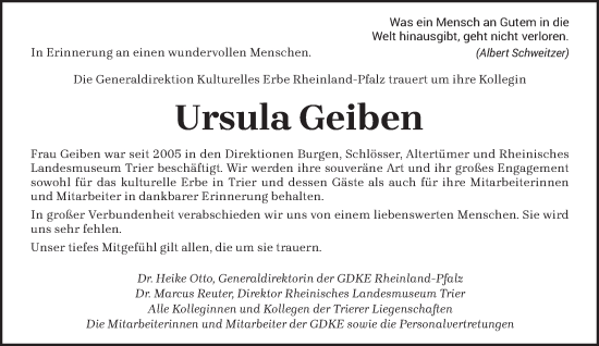 Todesanzeige von Ursula Geiben von trierischer_volksfreund