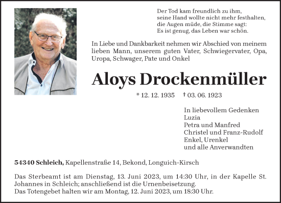 Todesanzeige von Aloys Drockenmüller von trierischer_volksfreund